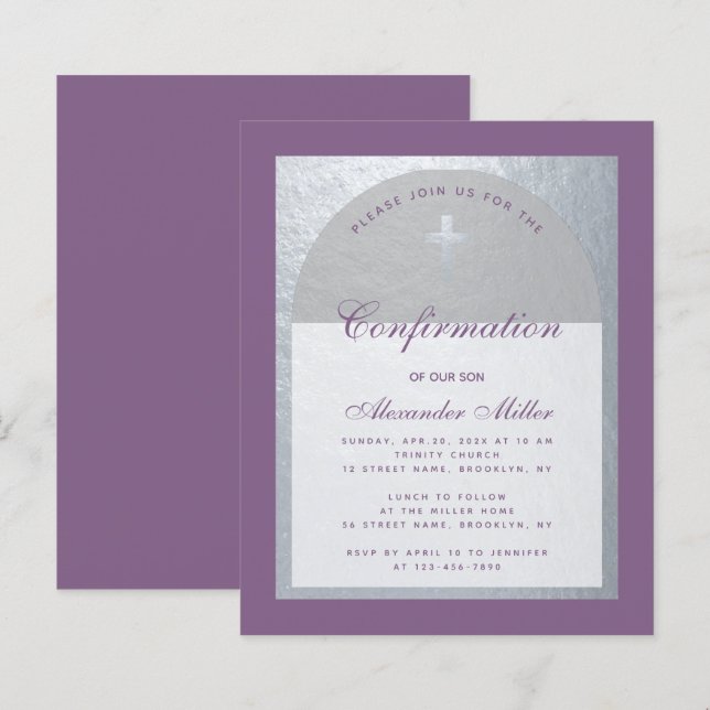 Papier Confirmation Dusty Purple Silver Budget Invitation (Devant / Derrière)