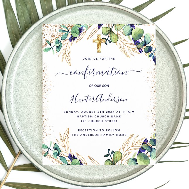 Papier Confirmation eucalyptus vert invitation bleue (Créateur téléchargé)