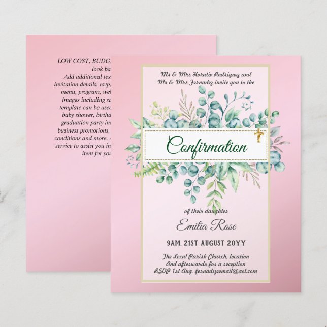 Papier CONFIRMATION VERDOYÈRE Invitation Moderne Double f (Devant / Derrière)