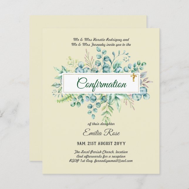 Papier CONFIRMATION VERDOYÈRE Invitation Moderne Double f (Devant / Derrière)