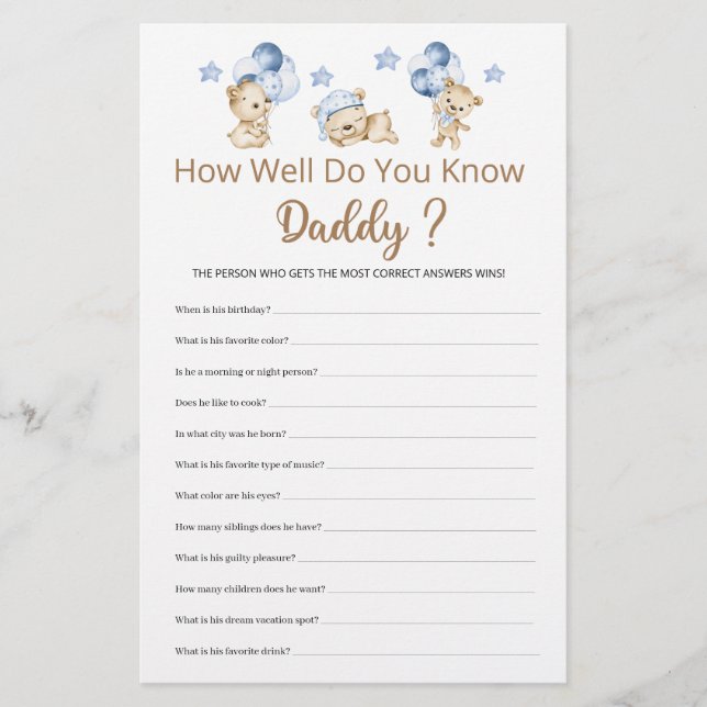 Papier Connais-Tu Bien Le Baby shower De Papa Boy ? (Devant)