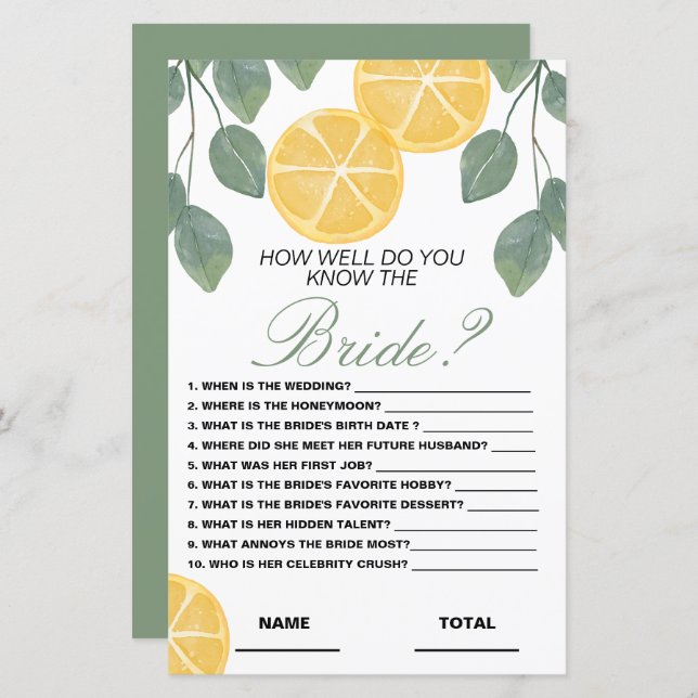 Papier Connaissez bien la mariée Floral Bridal Game Lemon (Devant / Derrière)