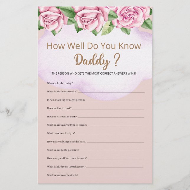 Papier Connaissez-Vous Bien Le Baby shower De Fille Papa  (Devant)