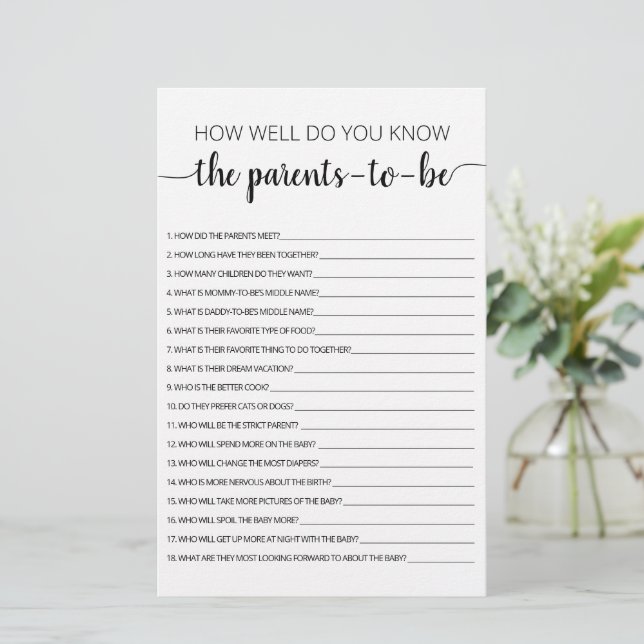 Papier Connaissez-vous bien le Baby shower des Parents à  (Debout devant)