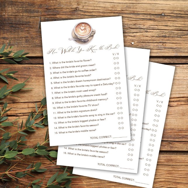 Papier Connaissez-vous bien le jeu de douche à café de la (How well do you know the bride love is brewing cappuccino coffee fall shower games cards)