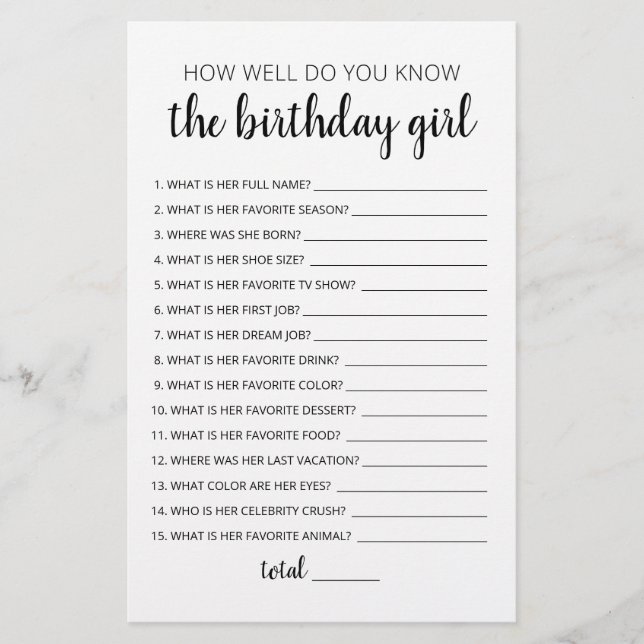 Papier Connaissez-Vous Bien Le Jeu De Fille Anniversaire  (Devant)