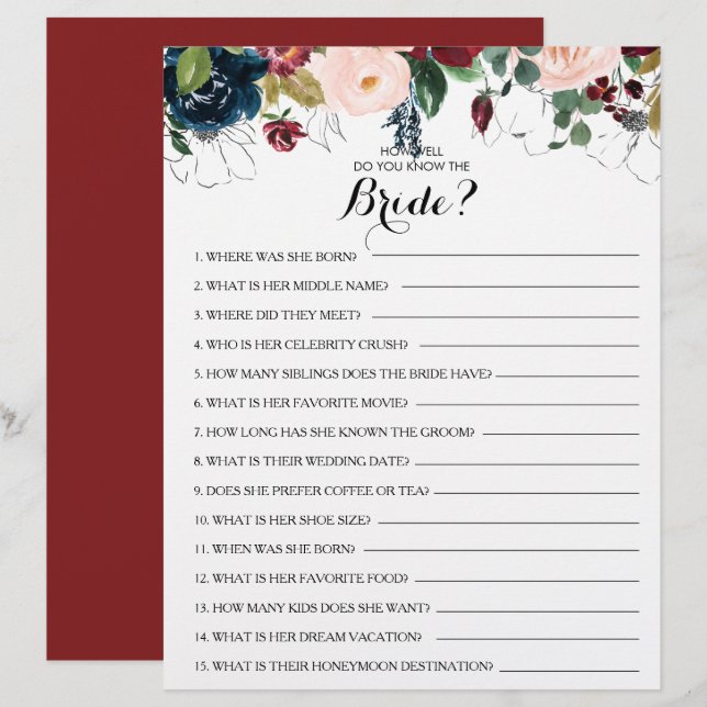 Papier Connaissez-vous bien le jeu de la Fête des mariées (Devant / Derrière)