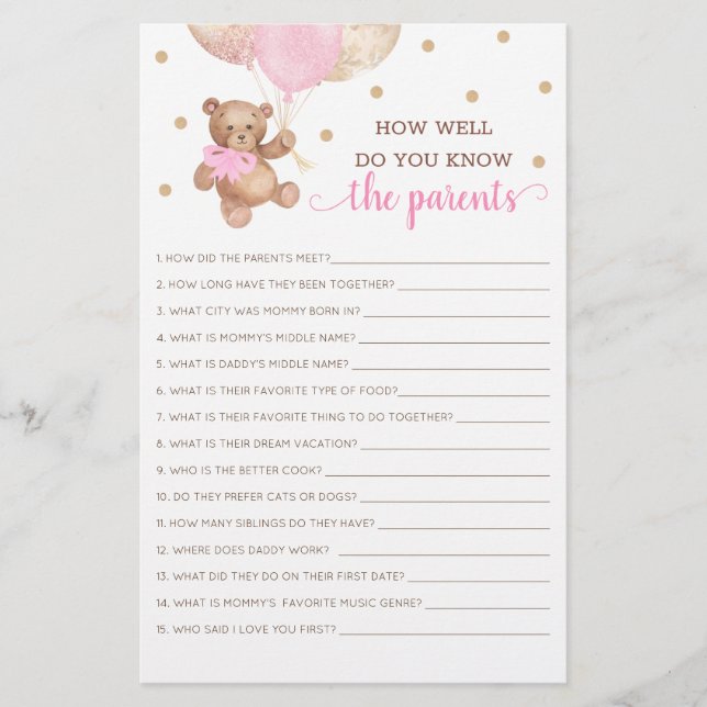 Papier Connaissez-Vous Bien Les Parents Jeu Teddy Bear (Devant)