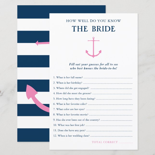 Papier Connaissez-Vous Bien Mariée Jeu De Douche Nautique (Devant / Derrière)
