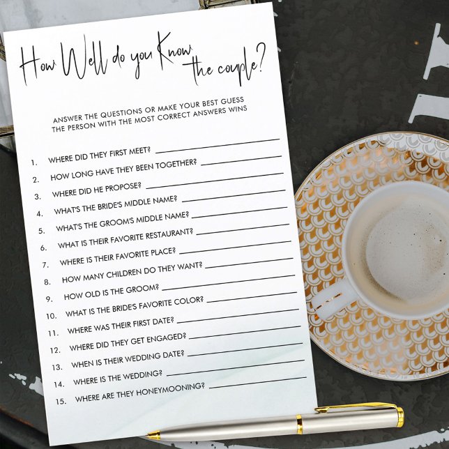 Papier Connaissez-vous les couples Jeu Quiz de douche (Couple shower guessing game to see how well you know the couple)