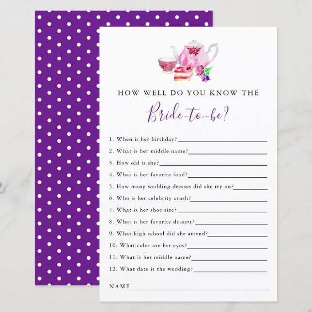 Papier connaître la mariée Fête des mariées Jeu Tea Party (Devant / Derrière)