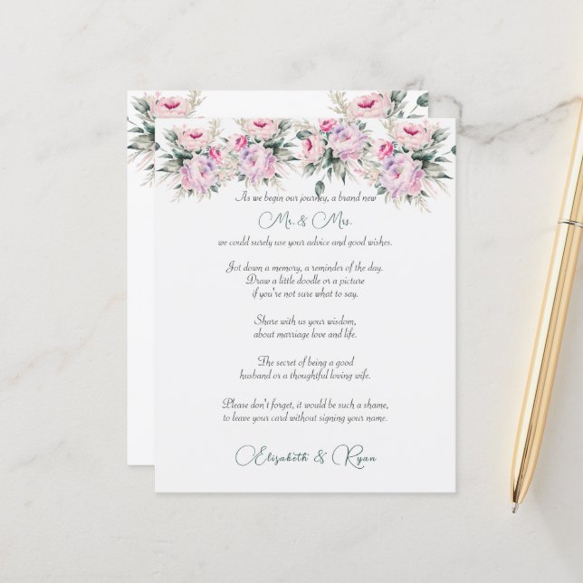 Papier Conseil mariage Bien Souhaite Pies Roses (Devant/Arrière en situation)