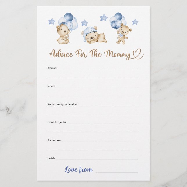 Papier Conseil Pour Le Baby shower Garçon Mommy Teddy Bea (Devant)