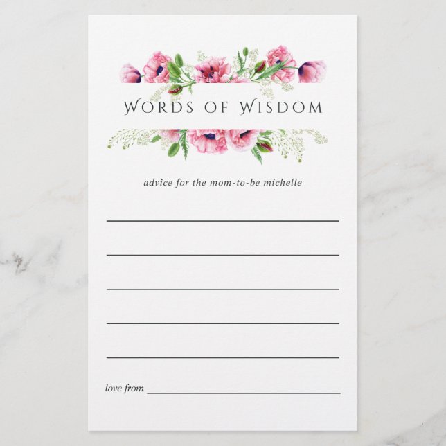 Papier Conseils de douche de mariage aux coquelicots rose (Devant)