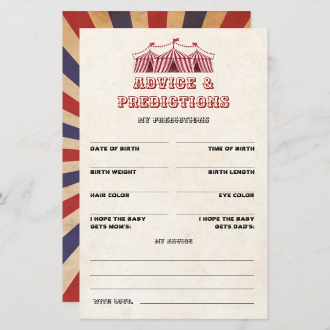 Papier Conseils et prédictions Circus Baby shower Jeu (Devant / Derrière)