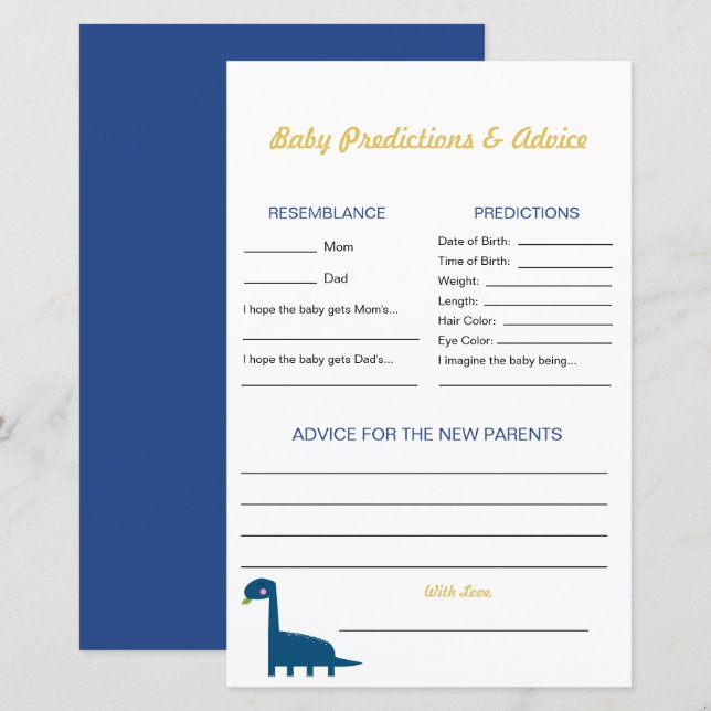 Papier Conseils et prédictions Dinosaur Baby shower Jeu (Devant / Derrière)