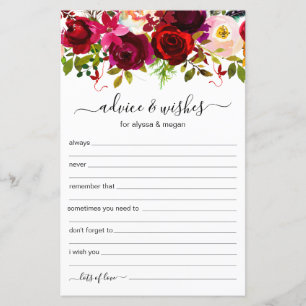 Papier Conseils et souhaits Burgundy Floral Mariage LGBTQ