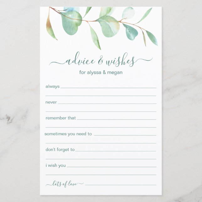 Papier Conseils et souhaits Eucalyptus Mariage LGBTQ (Devant)