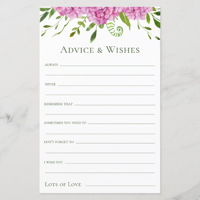 Papier Conseils et vœux de mariage aux hortensias roses  (Devant)