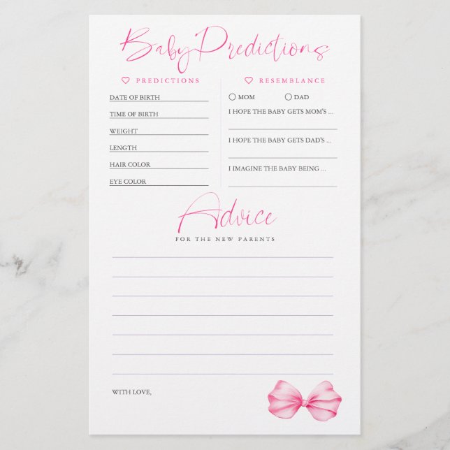 Papier Conseils sur les prédictions de bébé Baby shower r (Devant)