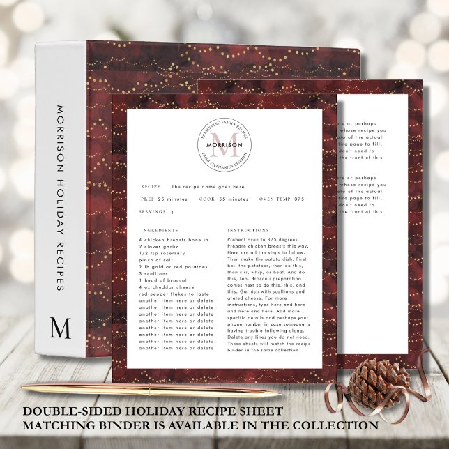 Papier Conservation des Recettes de Famille Fiche de Rece (Double-Sided Burgundy Christmas Recipe Sheet Preserving Family Recipes Designed for 3-Hole Punch)