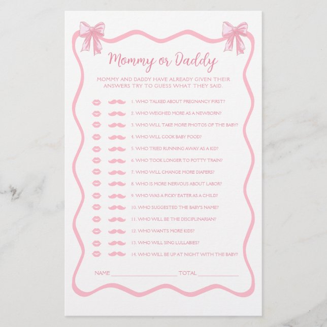 Papier Coquette Bow Rose Baby shower Devinez Qui Joue (Devant)