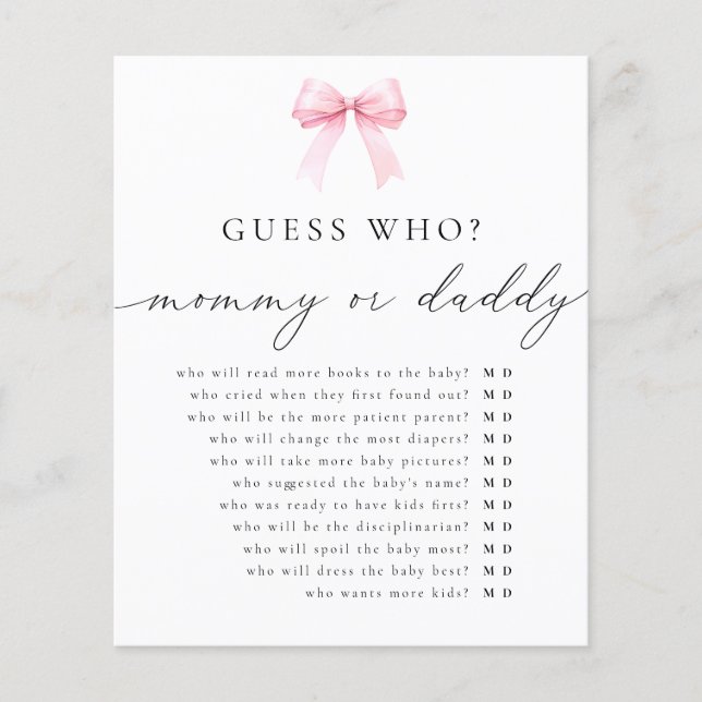 Papier Coquette Guette Qui Maman ou Papa Baby shower Jeu (Devant)