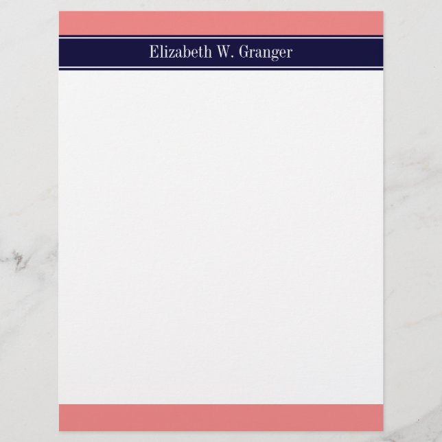 Papier Corail clair solide, Marine Blue Ribbon Nom Monogr (Devant)