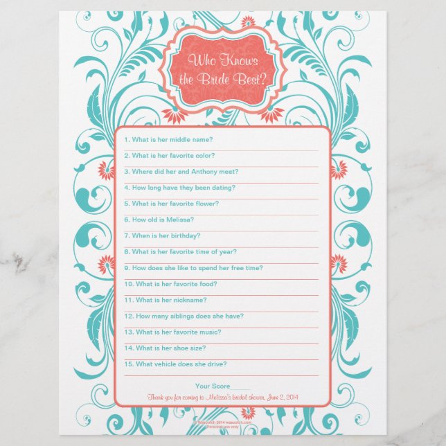 Papier Coral Aqua Floral Bride Meilleur Jeu de Fête des m (Devant)