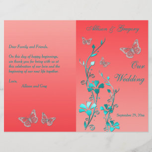 Papier Coral Aqua Silver Butterfly Floral Wedding Program