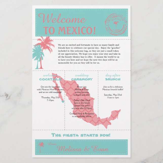 Papier Coral turquoise Cabo Mexique Mariage Bienvenue (Devant)