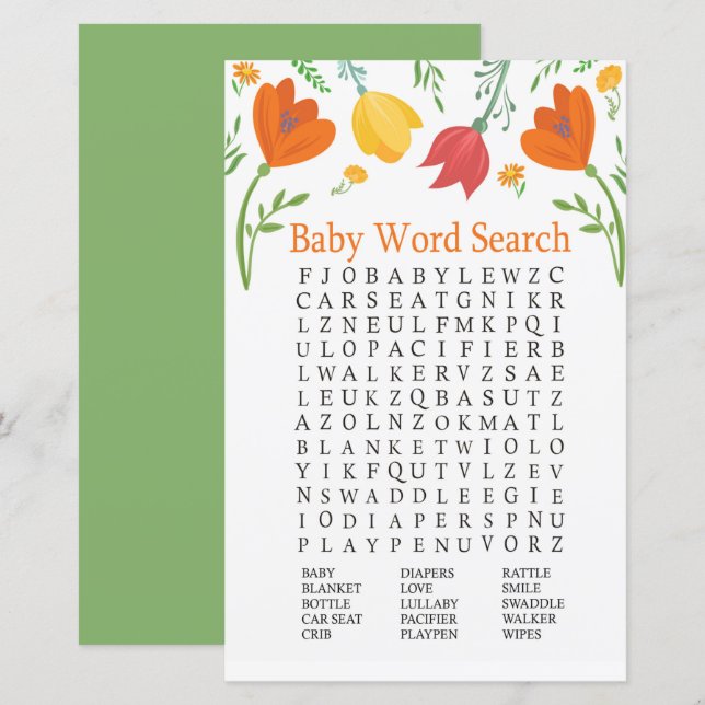 Papier Couleur tulipe Baby shower Word Search Jeu (Devant / Derrière)