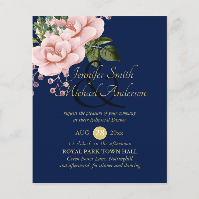 Papier Country Navy Blue Blush Rose Dîner de répétition (Devant)