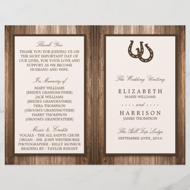 Papier Country Rustic Horseshoe & Brown Wood Mariage (Devant)