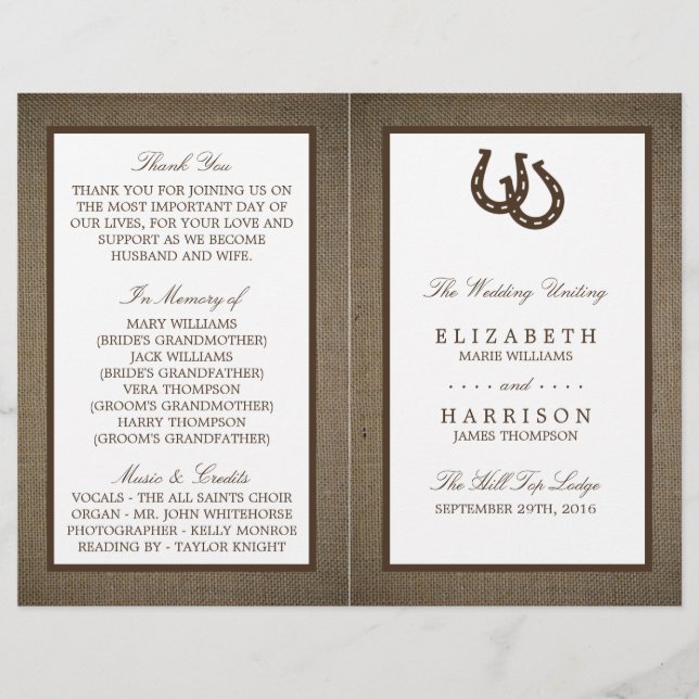 Papier Country Rustic Horseshoe Sur Burlap Mariage (Devant)