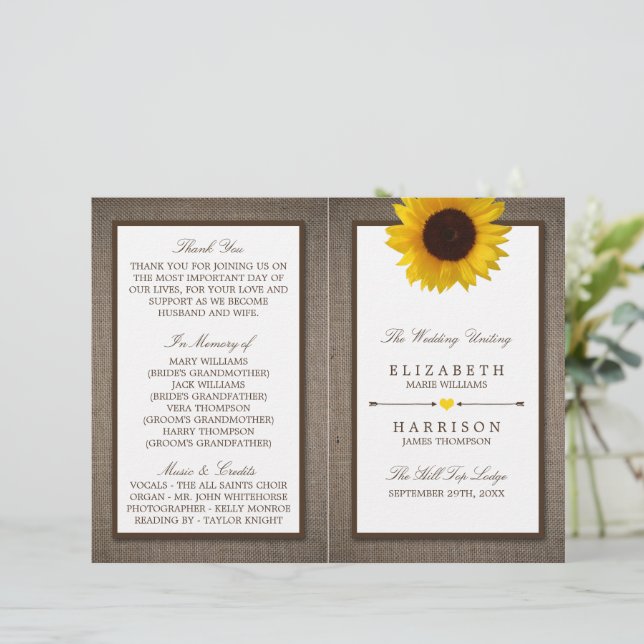 Papier Country Rustic Tournesol & Mariage Burlap (Debout devant)