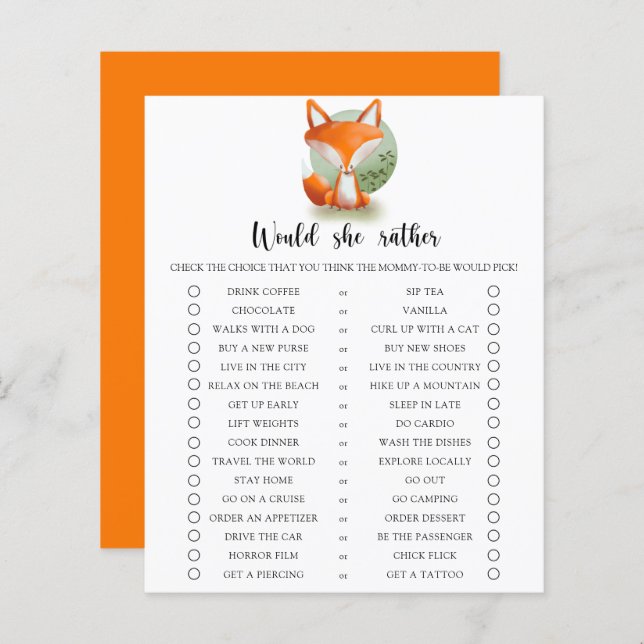 Papier Coupe Fox / Elle préfère le jeu Baby shower (Devant / Derrière)