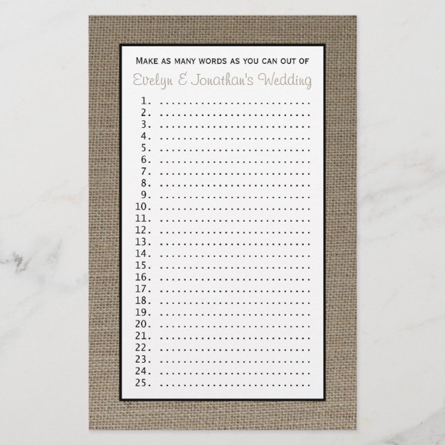 Papier Couple Jeux de Wedding shower de mariage - Burlap (Devant)