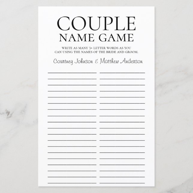 Papier Couple Nom Jeu Fête des mariées (Devant)