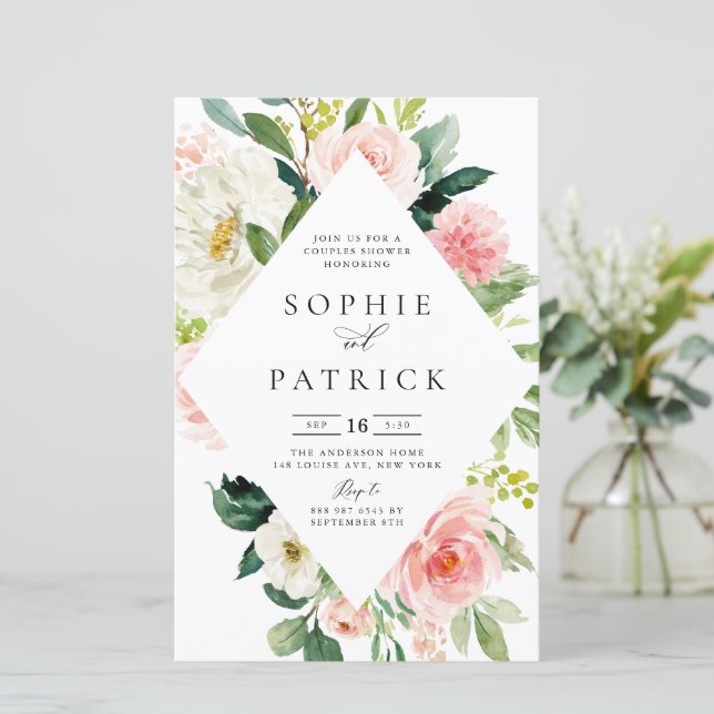 Papier Couples à cadre floral blanc et bleu Invitation de (Debout devant)