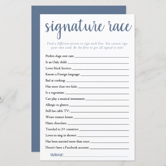 Papier Course de signature simple | Dusty Slate Blue Game (Devant / Derrière)