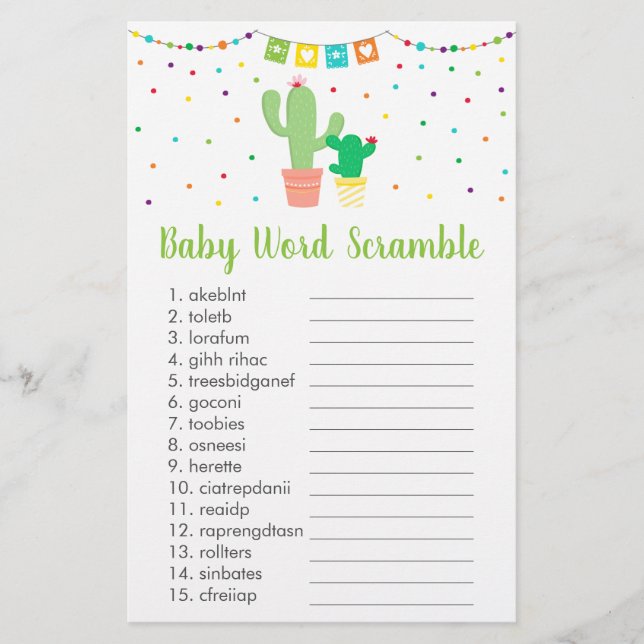 Papier Coute Fiesta Cactus Baby shower Word Scramble Jeu (Devant)