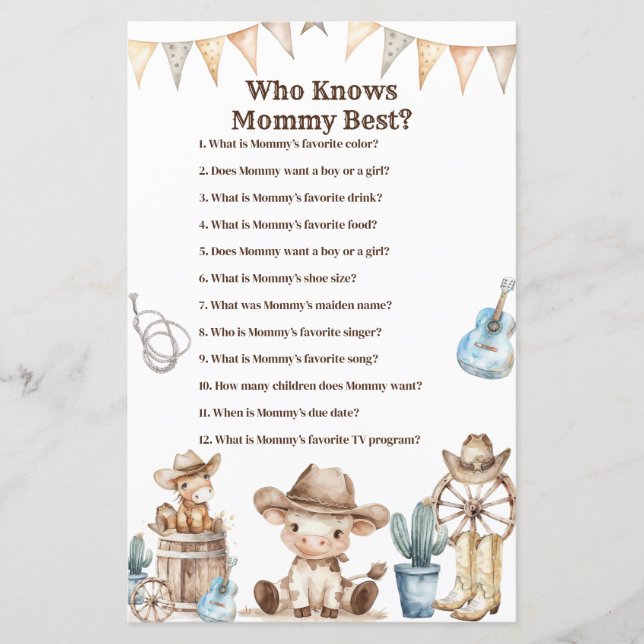 Papier Cowboy Cactus Baby shower Qui Connaît Maman Meille (Devant)