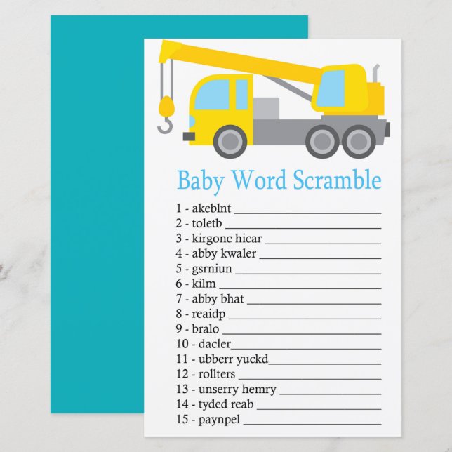 Papier Crane Truck Bébé mot scramble jeu (Devant / Derrière)