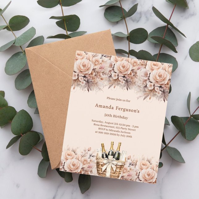 Papier Crème beige rose floraux boho invitation anniversa (Créateur téléchargé)