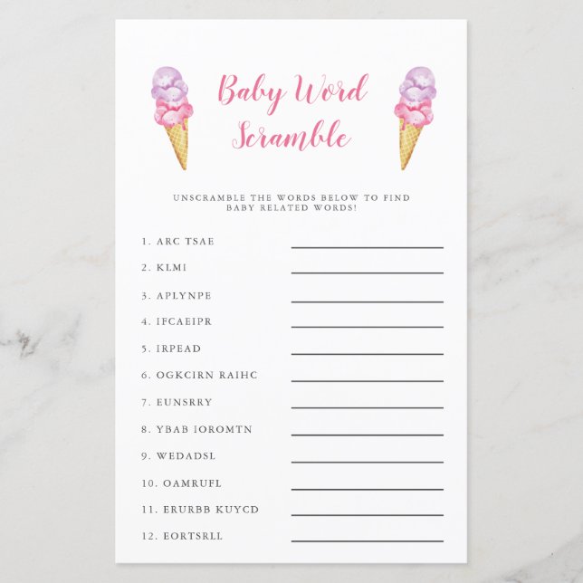 Papier Crème de glace rose Bébé Mot Scramble Jeu (Devant)