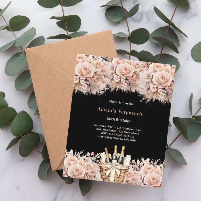 Papier Crème noire rose florales boho invitation annivers (Créateur téléchargé)