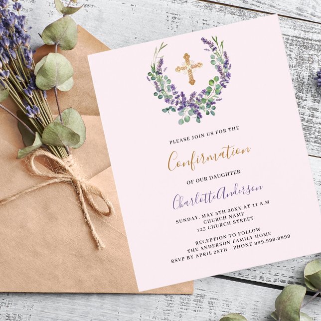 Papier Croix florale de lavande Invitation de confirmatio (Créateur téléchargé)