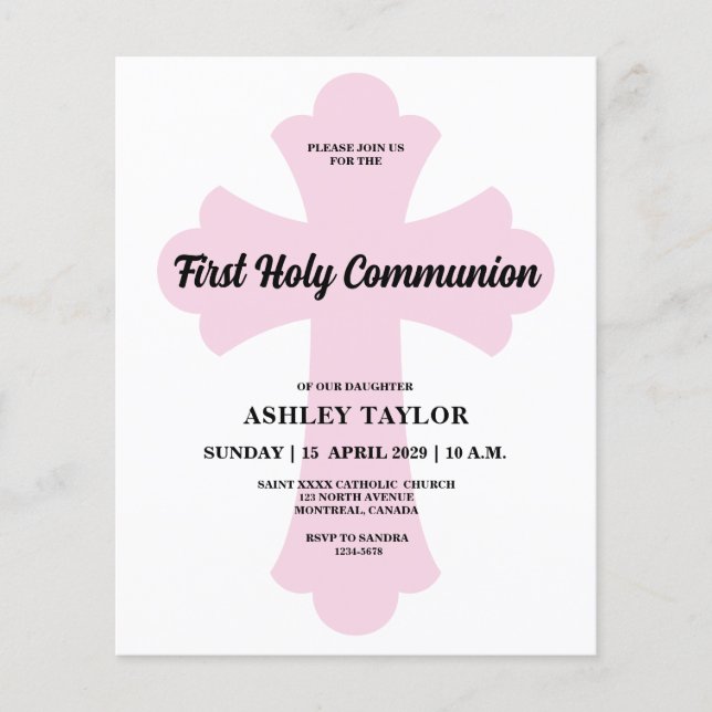 Papier Croix rose pâle Première communion sainte Invitati (Devant)