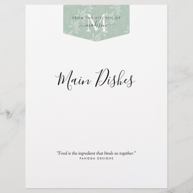Papier Cuisine Monogramme Floral Turquoise Vert Recette D (Devant)